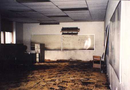 1997 Flood - A classroom in Jackson Hall, its flooring stripped prior to full repairs.